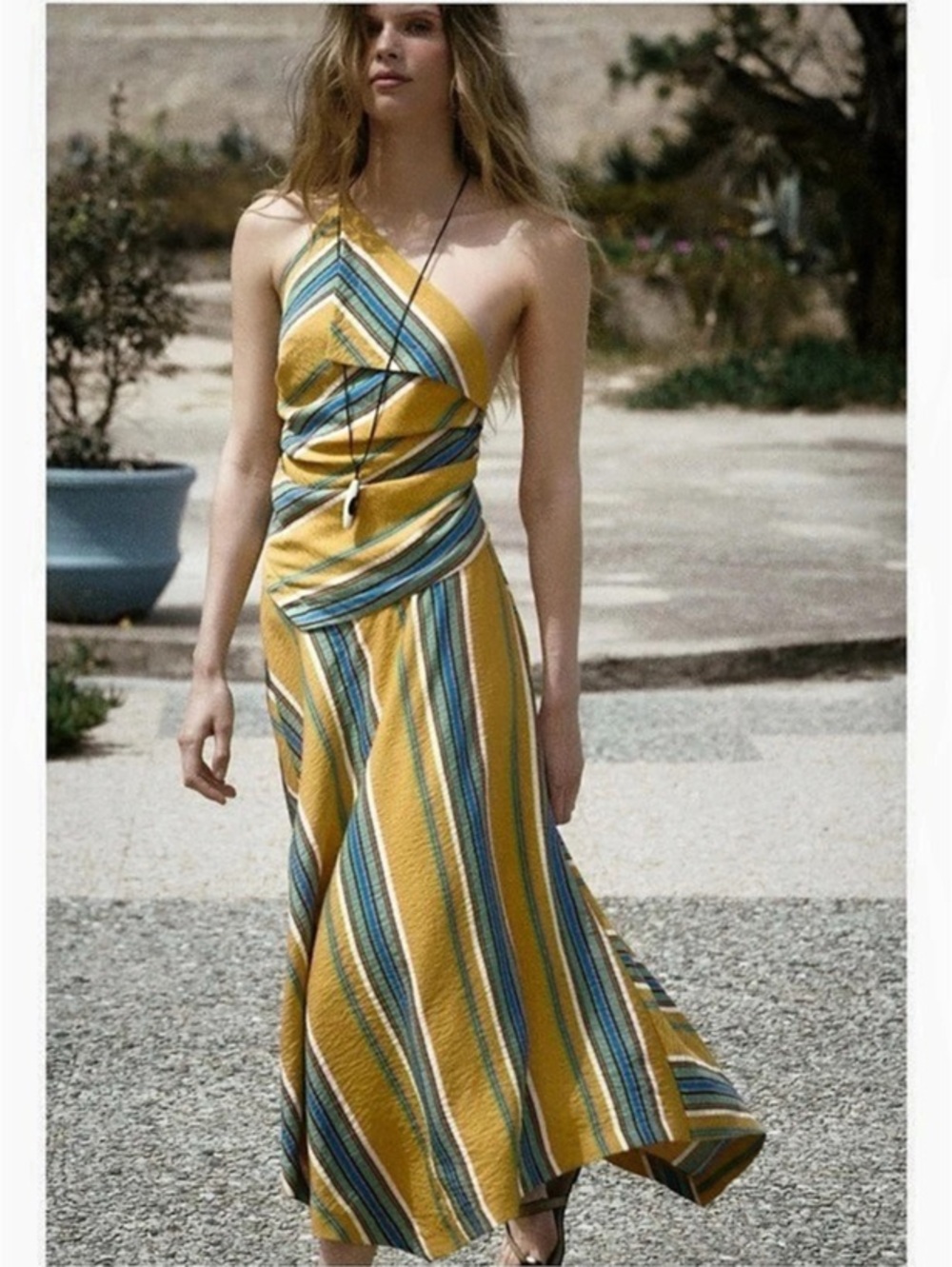 Striped Midi Dress in Yellow & Blue Size Medium - Picture 4 of 8